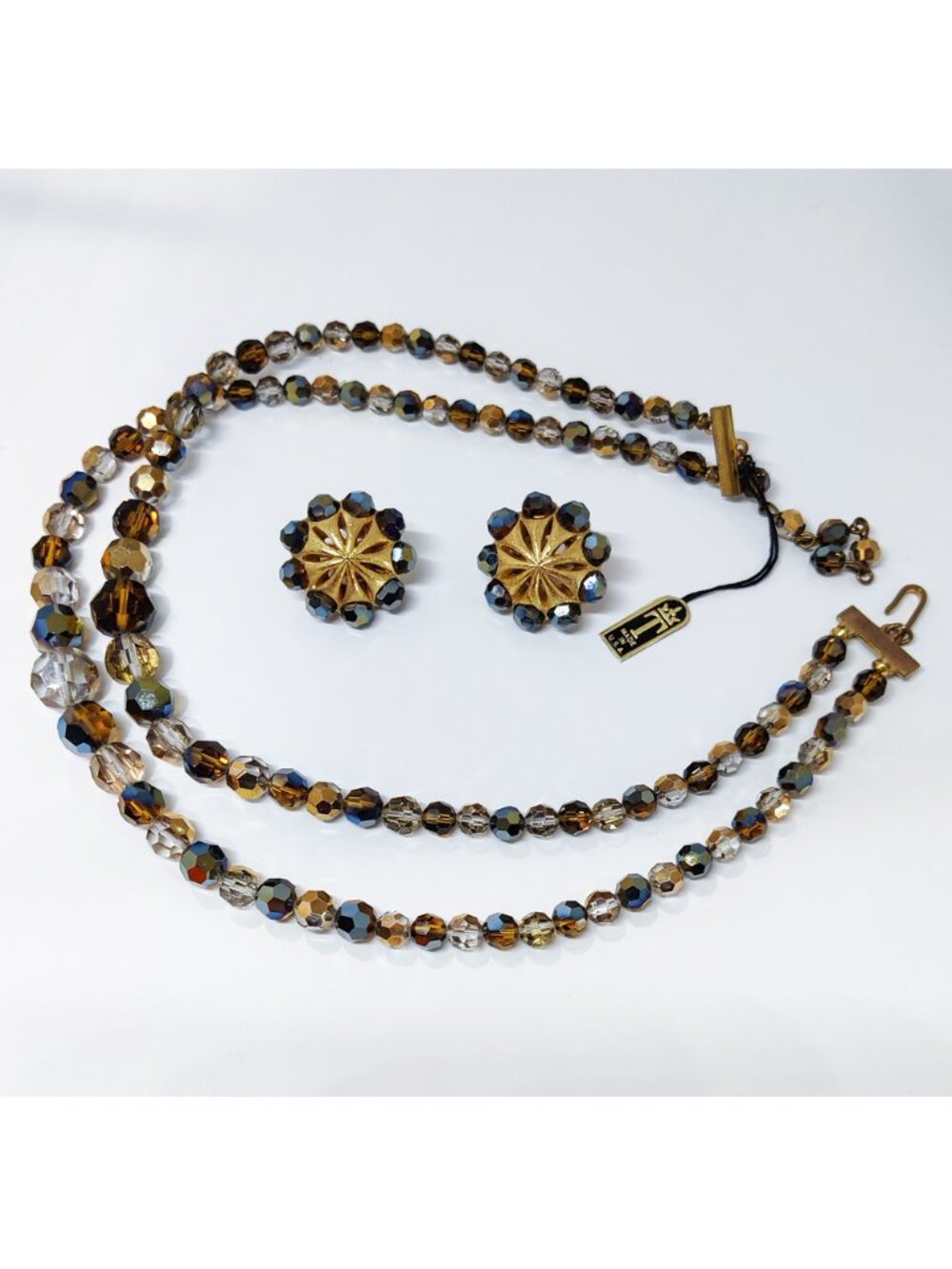 Vintage 1950s Signed Crown Trifari Gold Tone Aurora Borealis Necklace Earrings - Picture 3 of 7